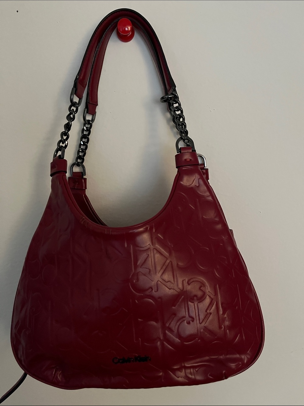 Calvin Klein Burgundy Embossed Hobo Shoulder Bag with Chain Straps
